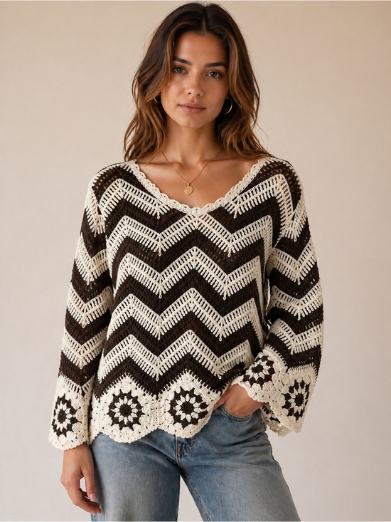 Tops - S35. Crochet Chevron V-Neck Sweater in Brown & Cream